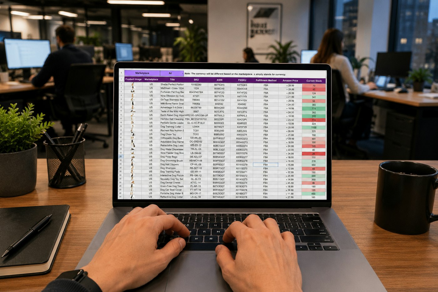 Hands typing on a laptop showing a spreadsheet with green and red cells