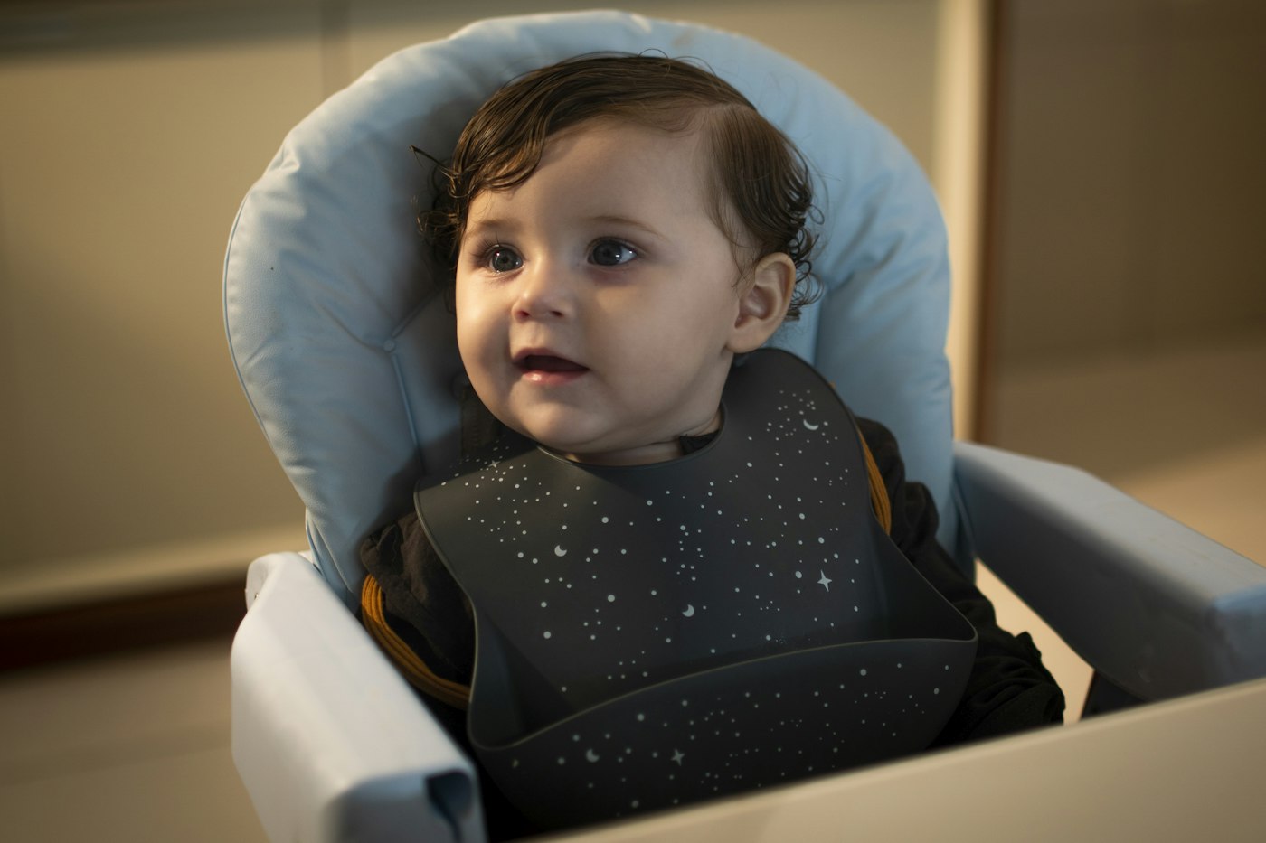 A baby wearing a bib, sitting in a high chair